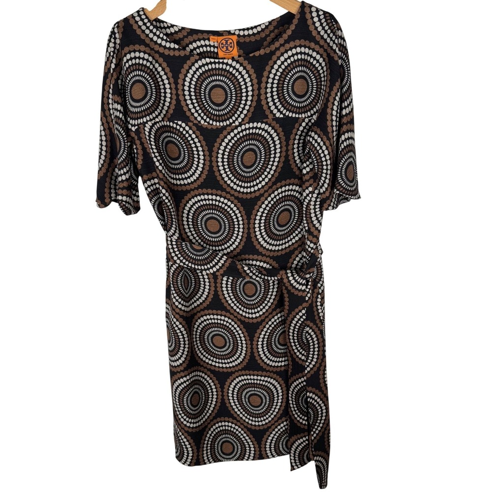 Tory Burch Womens Black Brown Silk Medallion Print Belted Shift Dress Size 8